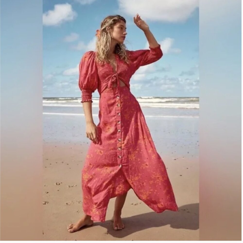 Free People String of Hearts Smocked Cutout Maxi Dress XS Pink Orange Floral